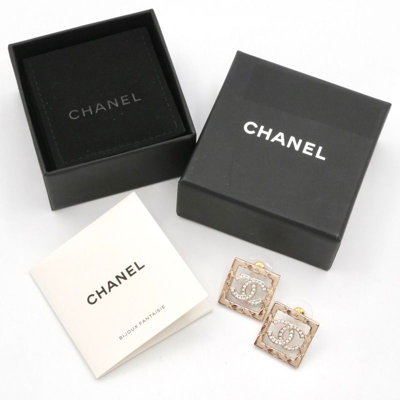 Chanel Earrings Earring Gold Coco Mark Square Matelasse Rhinestone