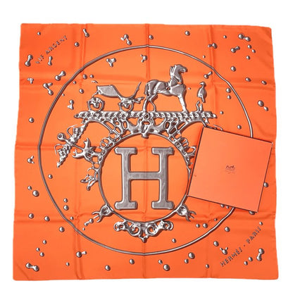 Hermes Carre 90 VIF Argent Silver Drops Orange Silk Scarf With Box
