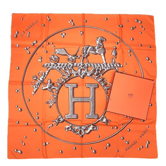 Hermes Carre 90 VIF Argent Silver Drops Orange Silk Scarf With Box