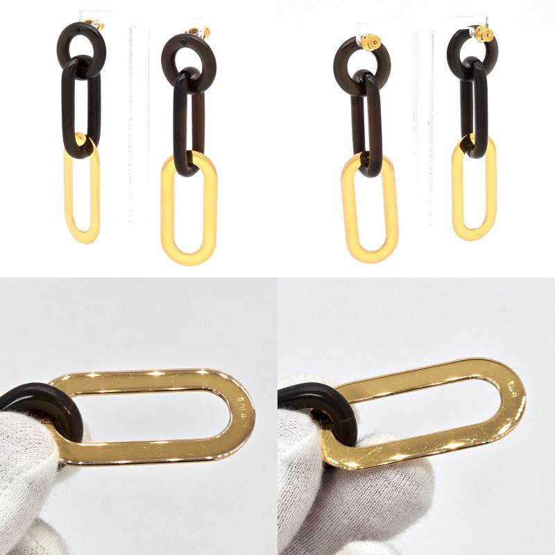 Hermes Buffalo Horn Metal Earrings Binaural Dark Brown Color Gold-tone Metal Box