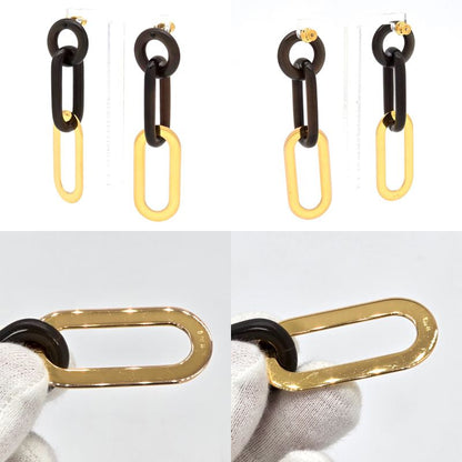 Hermes Buffalo Horn Metal Earrings Binaural Dark Brown Color Gold-tone Metal Box