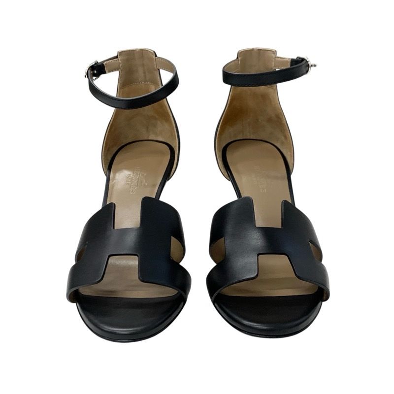 Hermes Legend Sandals Shoes Leather Black Ankle Strap Wedge Sole