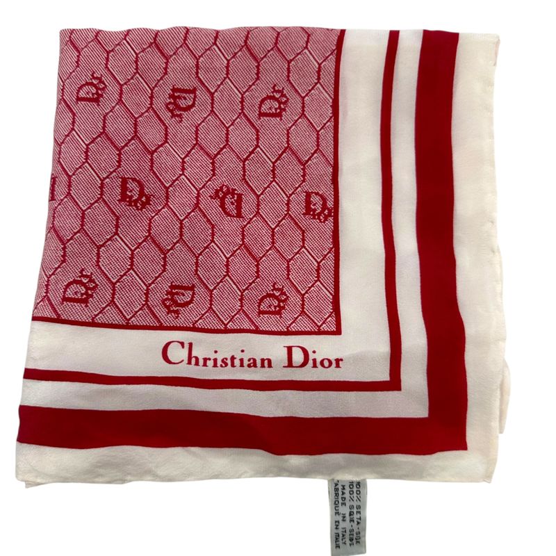 Christian Dior Old Square Line Trotter Silk Scarf Red and White