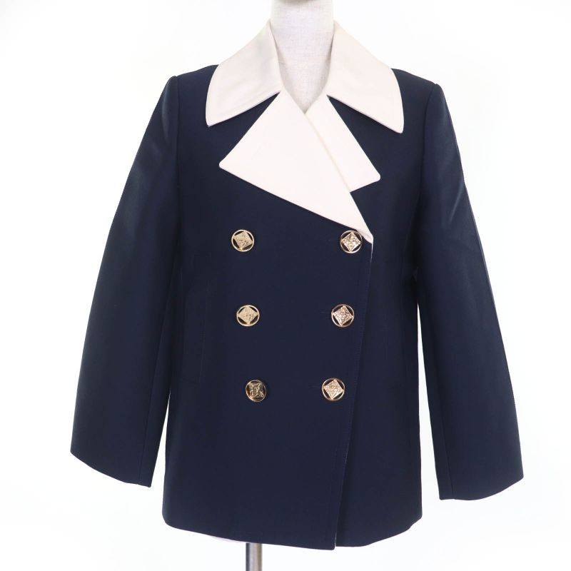Louis Vuitton Wool Silk Blend LV Logo Gold Button Double Breasted Jacket Navy