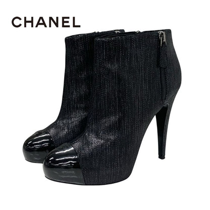 Chanel Boots Short Boots Shoes Leather Black Here Mark Metallic