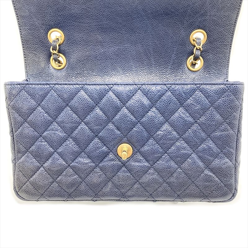 Chanel Matelasse Double Chain Shoulder Bag Caviar Skin Blue Gold Hardware Coco