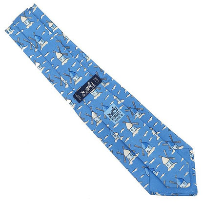 Hermes Necktie with Windmill Pattern 8.5cm (3.35in) Silk Blue and White Blue