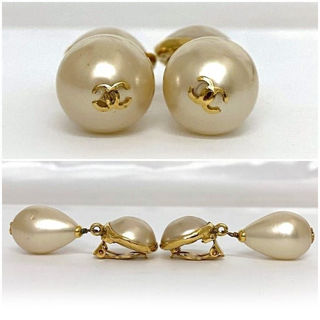 Chanel Earrings F22318 Gold Pearl White Coco Mark