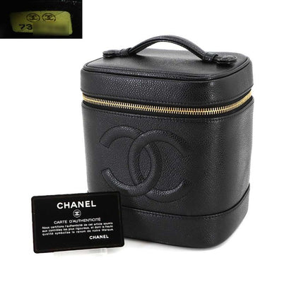 Chanel Vanity Hand Bag Caviar Skin Leather Black A01998 Coco Mark Gold Hardware