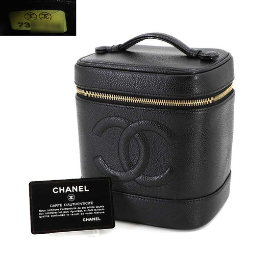 Chanel Vanity Hand Bag Caviar Skin Leather Black A01998 Coco Mark Gold Hardware