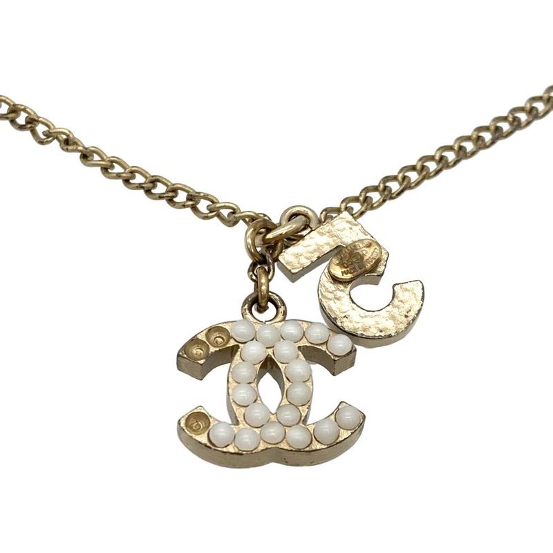 Chanel No5 Coco Mark Necklace Metal Gold Faux Pearl Ladies