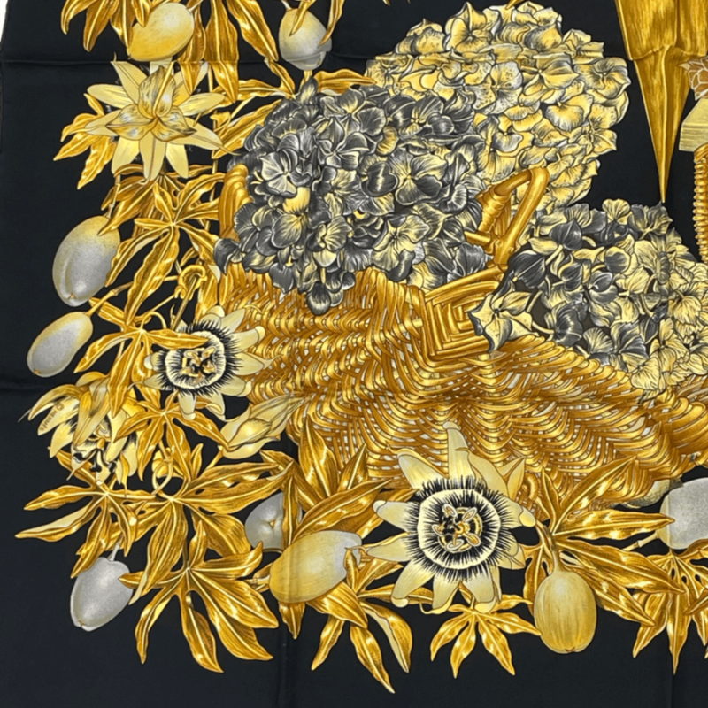 Hermes Carre 90 Passiflores Passion Flower Black 100% Silk Scarf