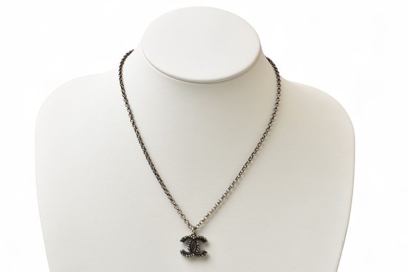 Chanel Necklace Pendant Chanel Coco CC Rhinestone Antique Silver 17 Mens Ladies