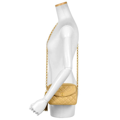 Chanel Shoulder Bag Lambskin Beige Gold Hardware Diana Flap Coco Mark Fringe