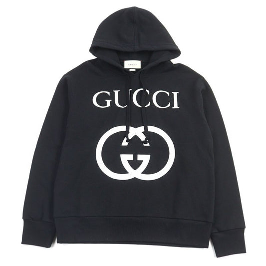 Gucci 475374 100% Cotton Interlocking G Logo Print Pullover Hoodie Black M Made