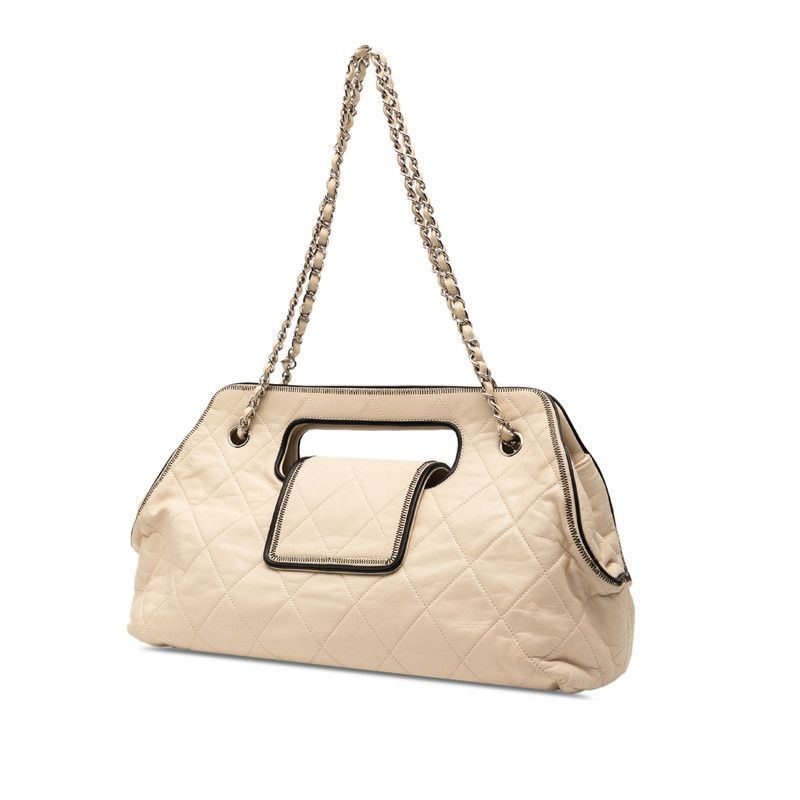 Chanel 255 East West Handbag Chain One Shoulder Bag Ivory Silver Lambskin Women