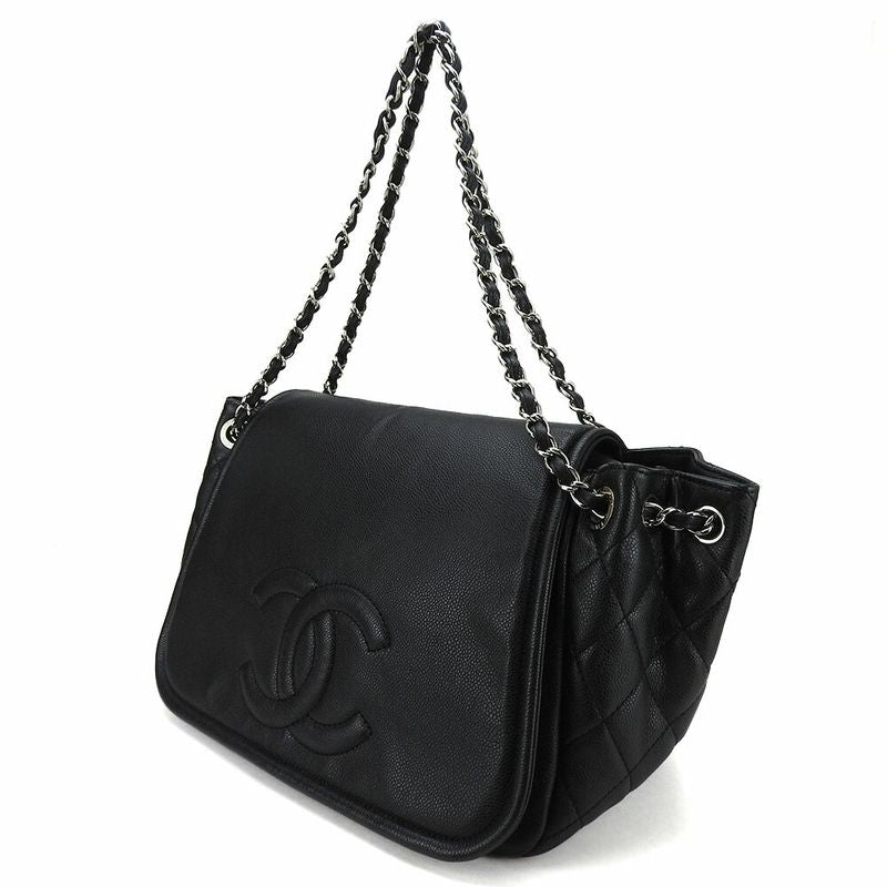 Chanel Shoulder Bag Chain Shoulder Caviar Skin Black Silver Hardware Coco Mark