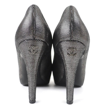 CHANEL G28557 Coco Mark Rhinestone Metallic Leather Cap Toe Platform Pumps