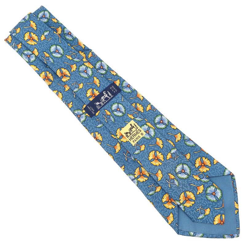 Hermes Tie Botanical Pattern 9cm (3.54in) Silk Blue and Multicolor Blue Ginkgo