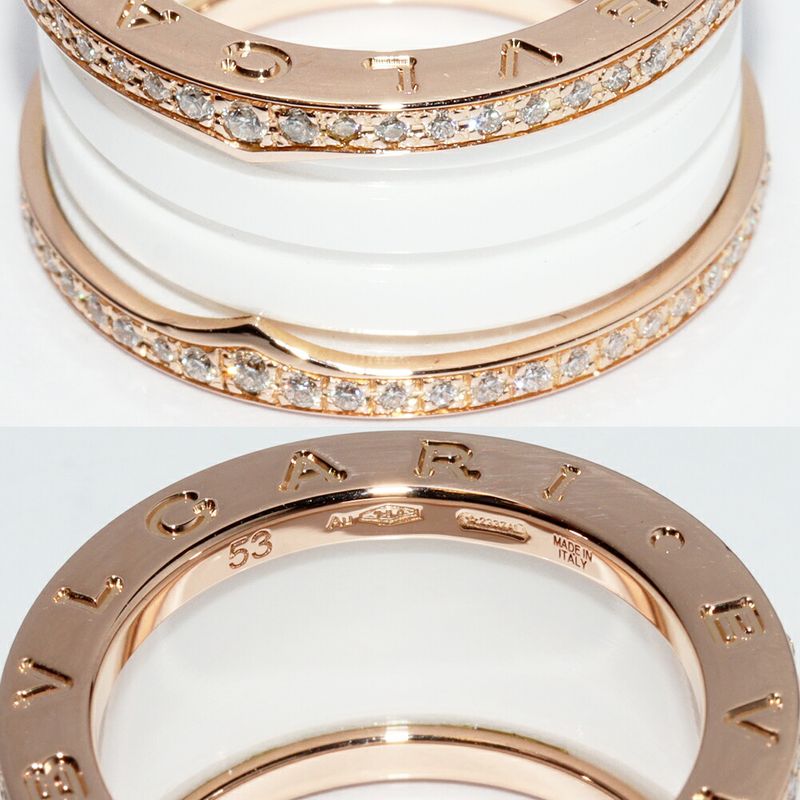 Bulgari Ring 18K Pink Gold White Ceramic Full Edge Pave Diamond Bzero1 Ring