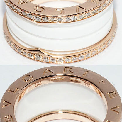 Bulgari Ring 18K Pink Gold White Ceramic Full Edge Pave Diamond Bzero1 Ring