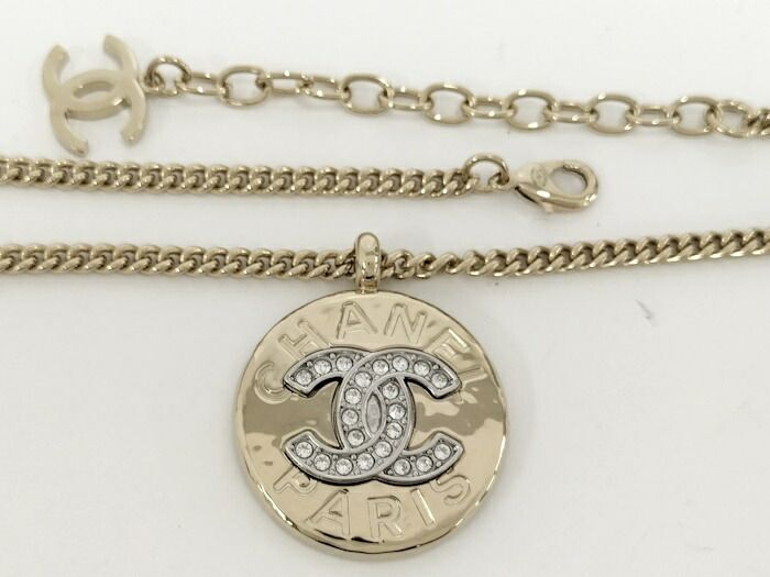 Chanel Necklace Coco Mark Plated Gold Rhinestone B25A