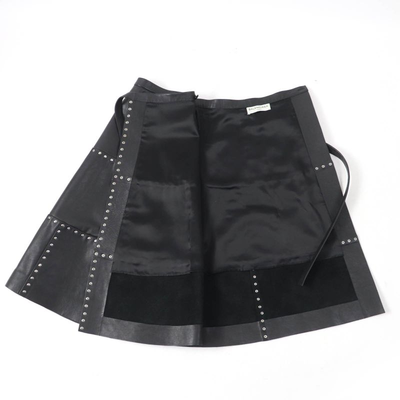 Balenciaga 457902 Studded Long Length Leather Wrap Skirt Rolled Skirt Black 38