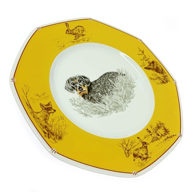 Hermes Porcelain Chasse Dachshund Dishware with Box Yellow 386994 Dish