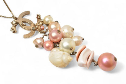 Chanel Long Necklace Pendant Chnael Coco CC Pearl Shell Motif Antique Gold Rose