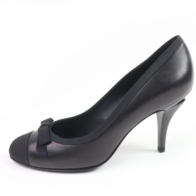 CHANEL 09A G26728y01590 Coco Mark Ribbon Satin Switch Leather Pumps Black 35.5
