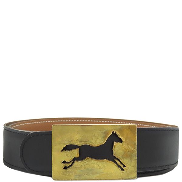 Hermes Belt Horse Buckle #90 Box Calf Vogue River Black and Gold #90 Gold