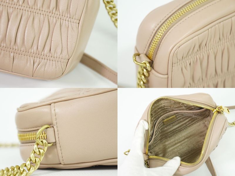 Authentic Prada Nappa Gaufre Chain Shoulder Bag Pochette Leather Pink Beige