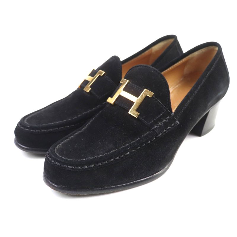 Hermes Gold Hardware With H Logo Hardware Chunky Heel Suede Leather Loafers