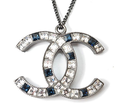 Chanel Necklace Pendant Rhinestone Gunmetal Blue