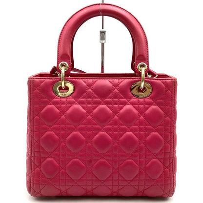 DIOR Lady Dior Medium 2way Shoulder Bag Handbag Leather Pink Gold Hardware
