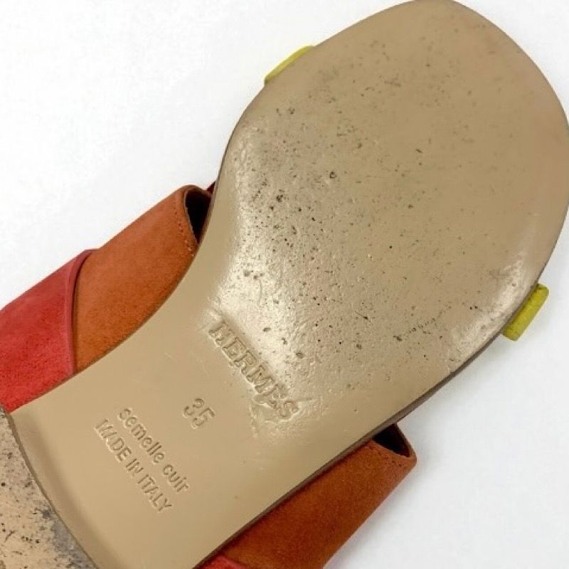 Hermes Coralia Sandals Shoes Suede Red Orange Yellow Flat Mule Hhardware Fringe