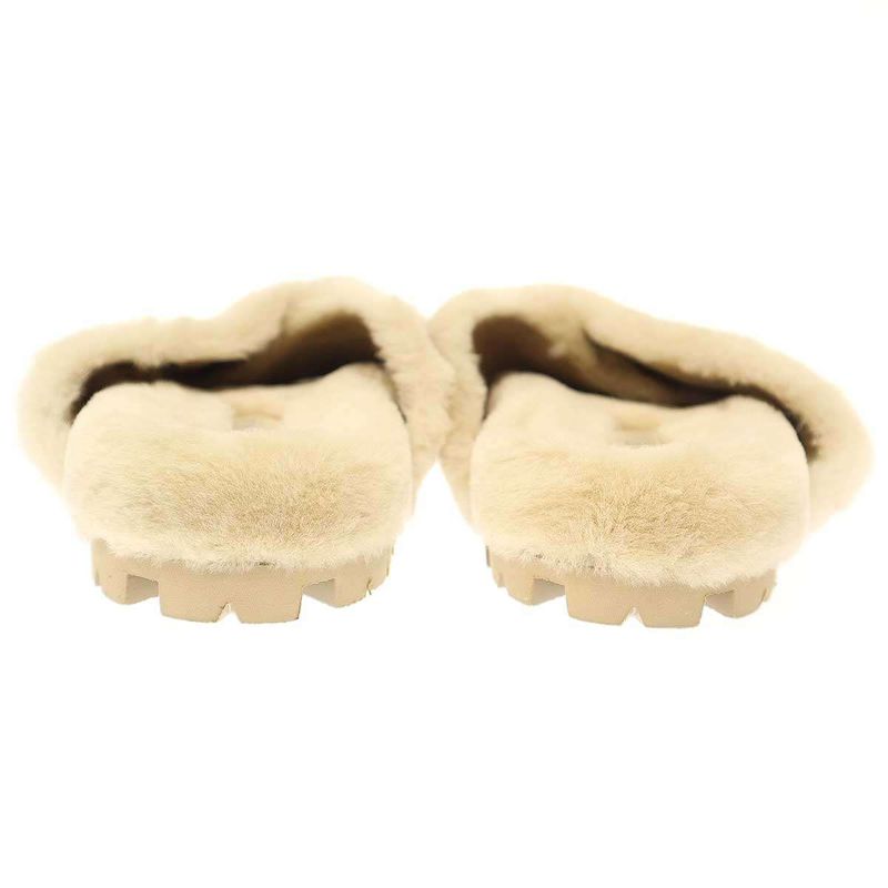 Prada Logo Plate Sheepskin Fur Sandals Beige 36