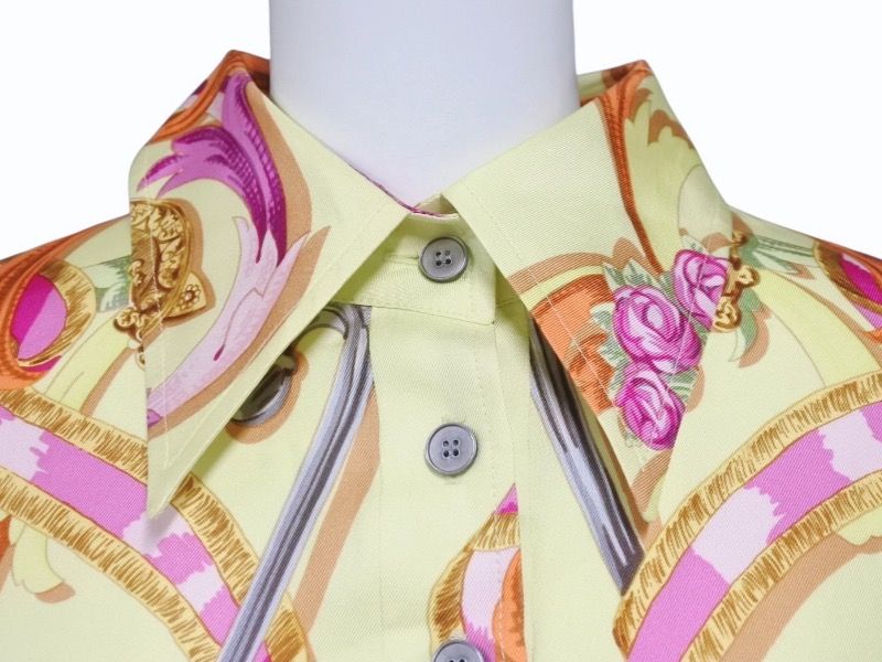 Hermes Twillaine Long Sleeve Polo Shirt Carre Silk Cotton Lime Green Vintage L — view 3