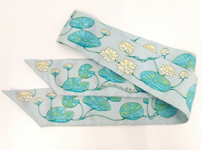 Hermes Twilly Scarf 100% Silk Lotus Flower Light Blue Multicolor