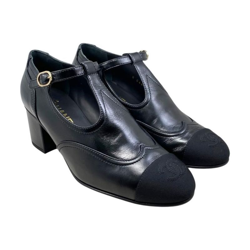 Chanel Heel Pumps Mary Jane G46443 37 1 2 Size Leather Coco Mark Black Gold