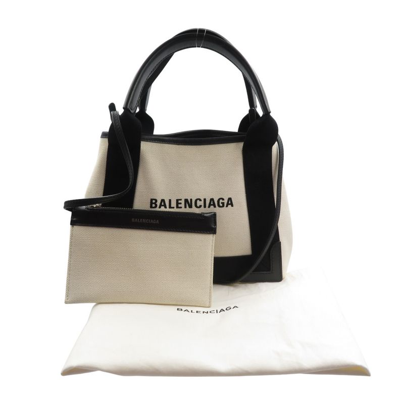 Balenciaga Navy Cabas Su 390346 Canvas Calf Light Beige Black 2WAY Handbag