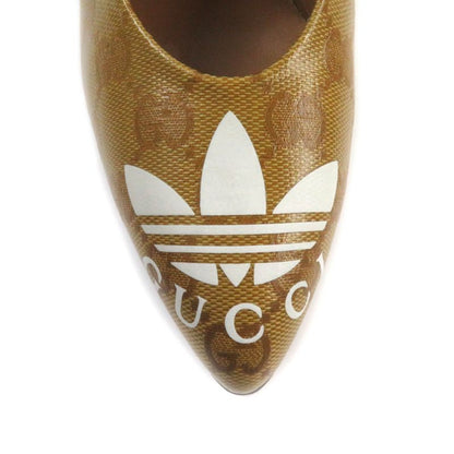 Gucci Adidas 702221 GG Crystal Logo Design Pointed Toe Leather Pumps Brown 37
