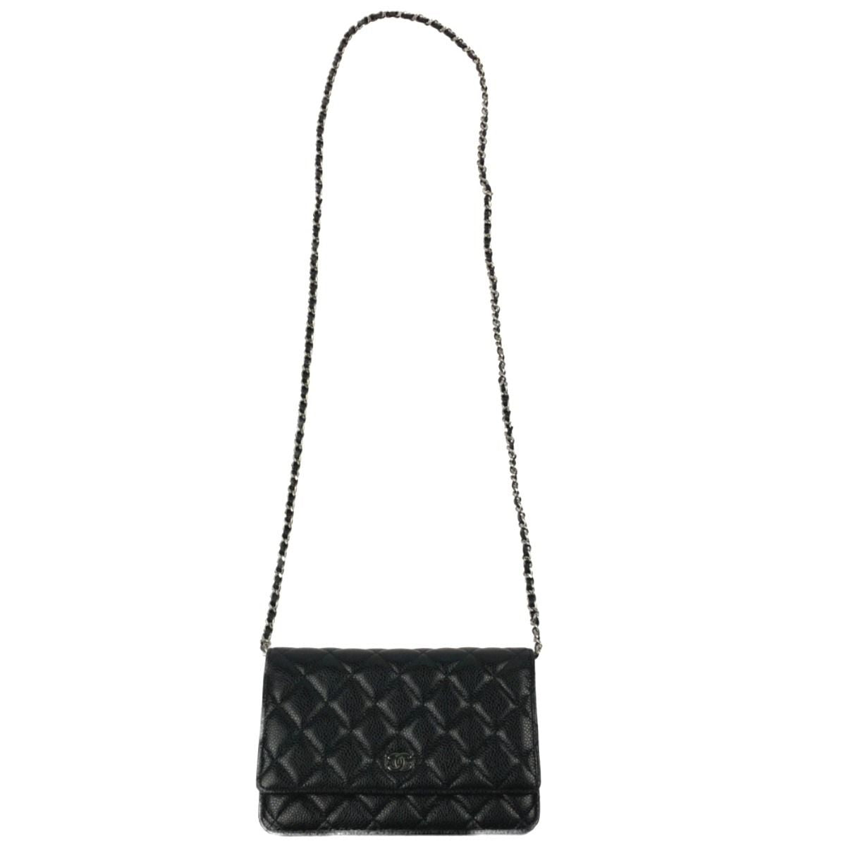 Chanel Matelasse Caviar Skin Chain Wallet Silver Hardware A33814 Black