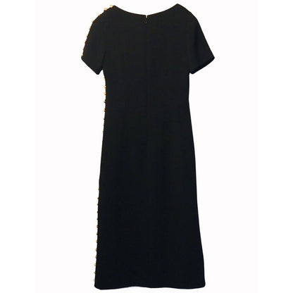 Gucci Wool Dress Short Sleeves Round Neck Slit Black Gold Tone GG Button #40