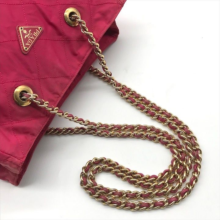 Prada Triangle Logo Tessuto Nylon Quilted Chain Tote Pink