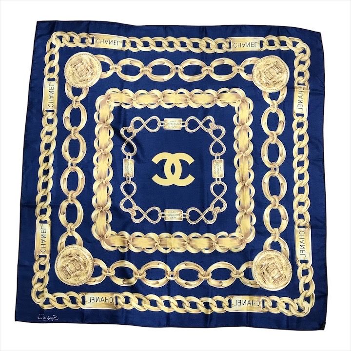 Chanel Chain Logo Scarf Large Silk 100% Navy