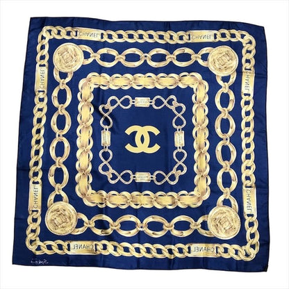Chanel Chain Logo Scarf Large Silk 100% Navy