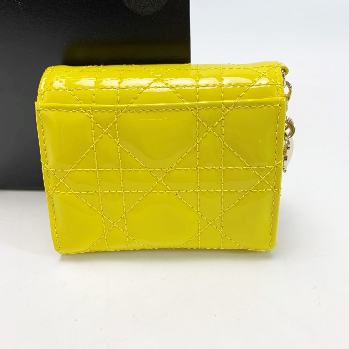Christian Dior Patent Leather Cannage Charm Yellow Trifold Wallet