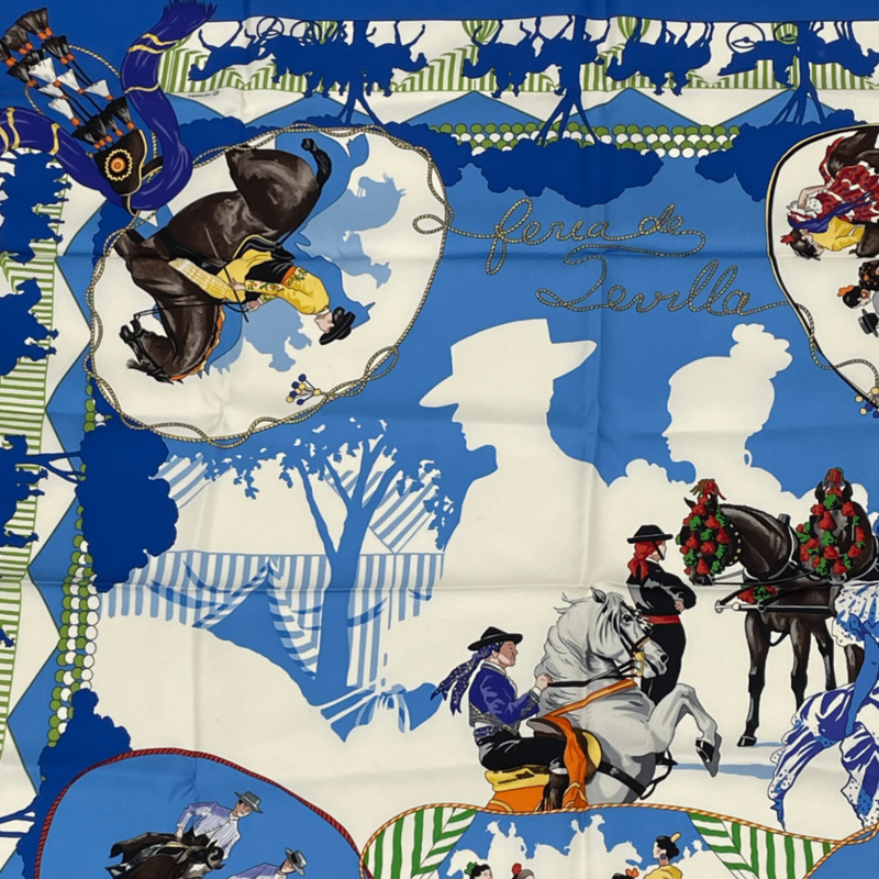 Hermes Scarf Carre 90 Feria De Sevilla Seville Holiday 100% Silk Blue