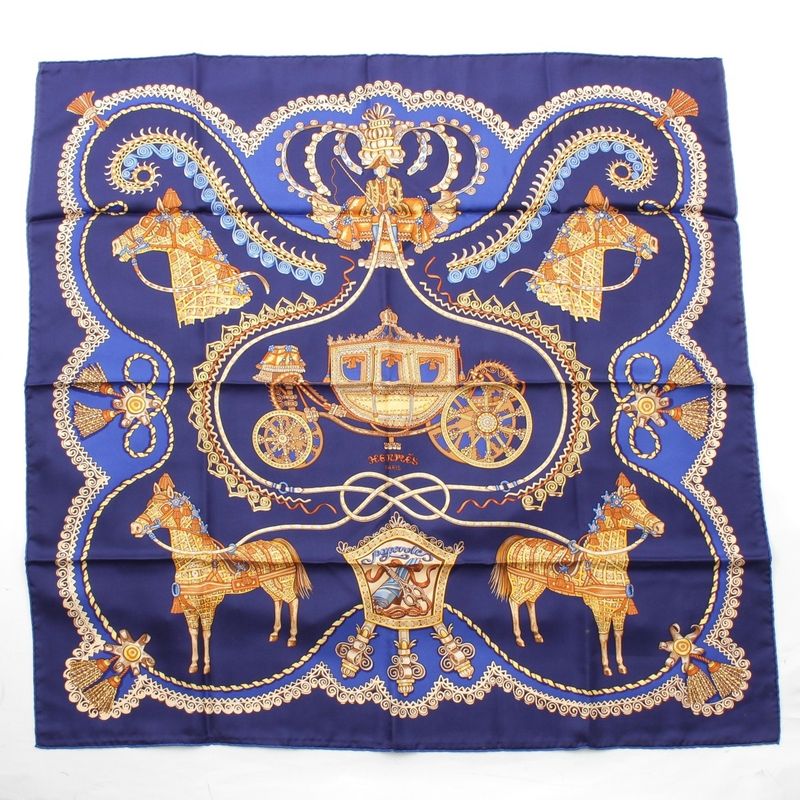 Hermes Carre 90 Paperoles Papoule Carriages And Nobles Silk Scarf Navy